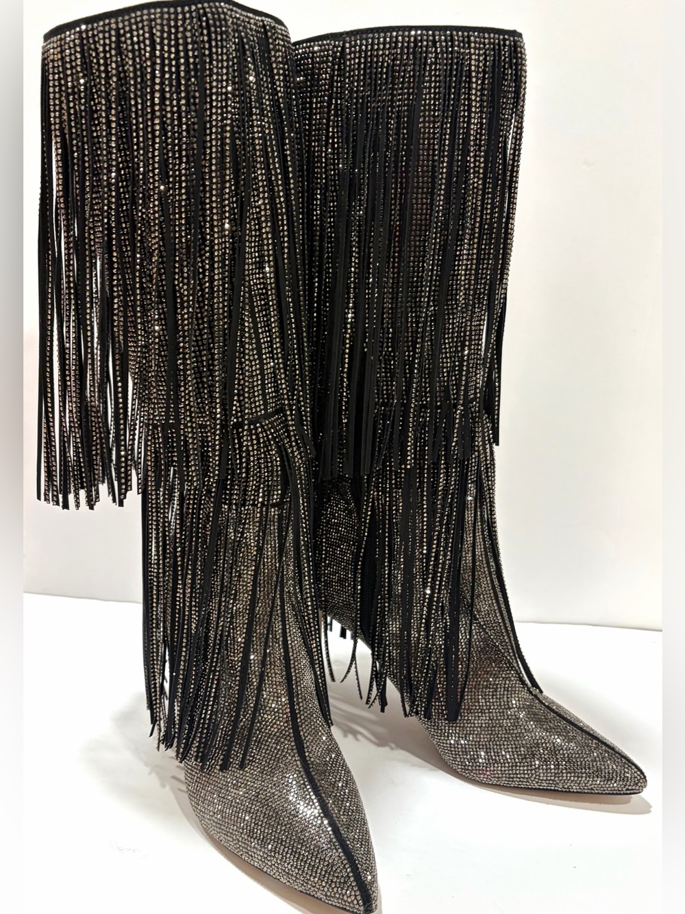 INC International Rhinestone Fringe Tall Boots Sparkly Statement Party Boots